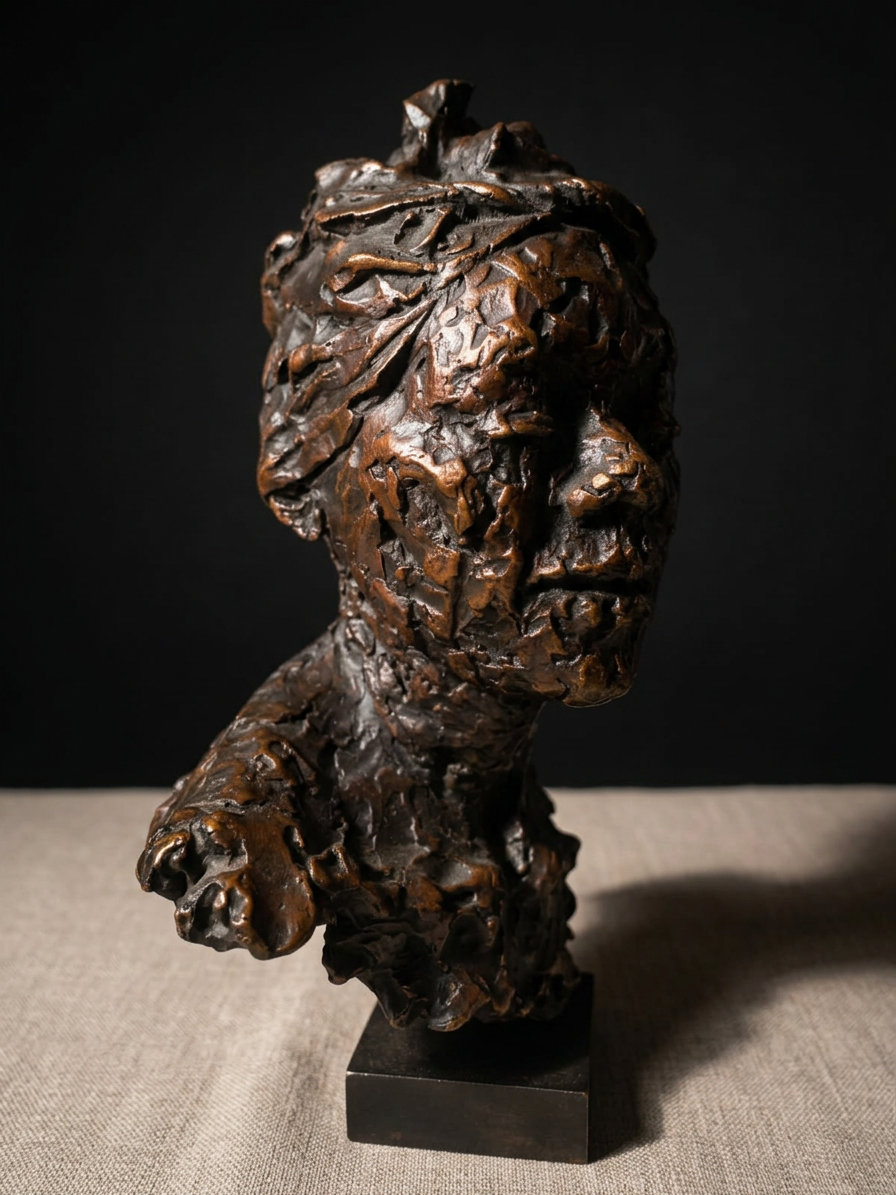 The same bust lit from the left on a pale linen surface