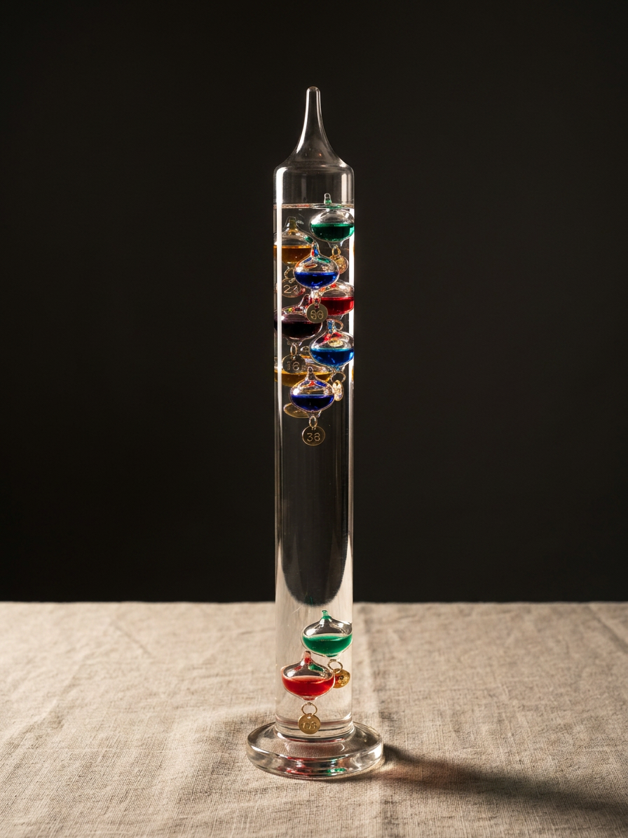The same thermometer on linen, the coloured bulbs glowing against a dark ground